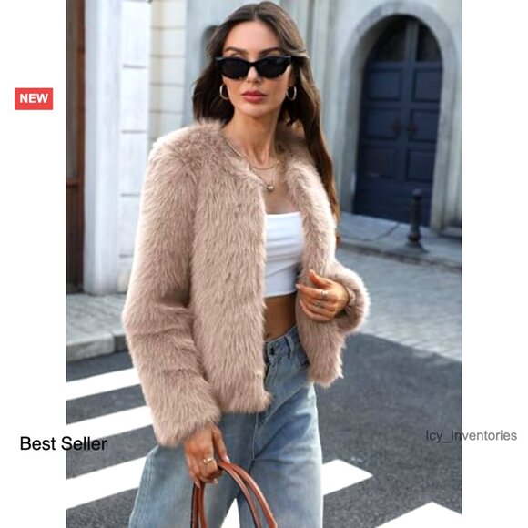 Fluffy Faux Fur Cropped Coat Soft Warm Winter Jacket with Hidden Hooks Pockets - Picture 2 of 7